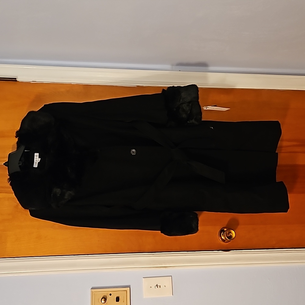 Stunning Via Spiga Black Wrap Coat with Fur Trim